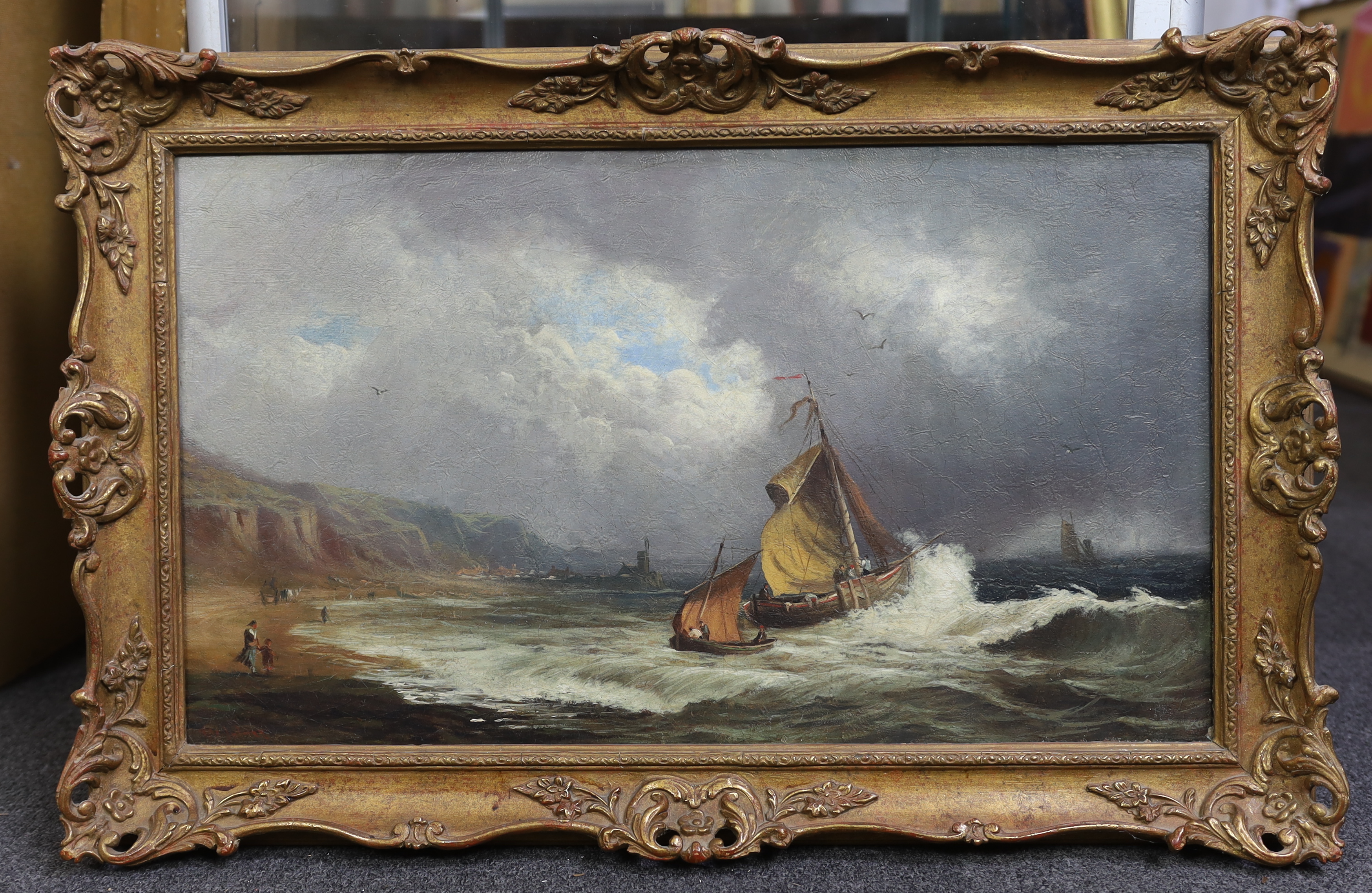 19th Century English School, oil on canvas, Fishing boats along the coast, indistinctly signed, 35 x 60cm